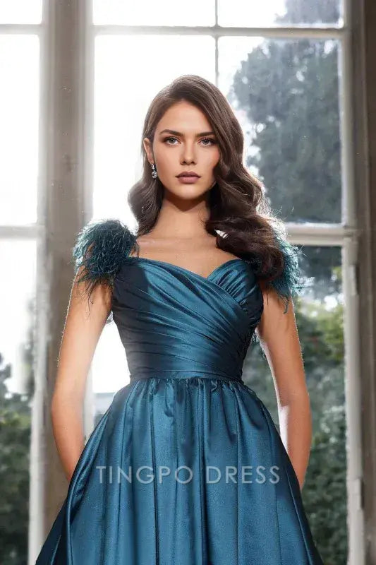 Elegant A Line Sweetheart Neck Feather Accent Ruched Satin Ball Gown Maxi Dress with Pockets Prom Dress